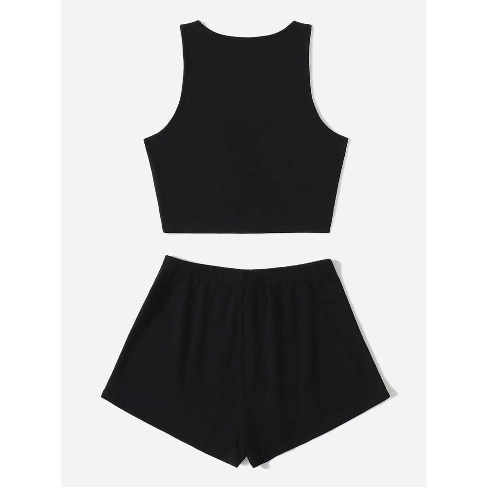black two piece set: Crop Tank Top & Knot Front Shorts athleisure - Picture 2 of 11